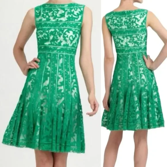 Tadashi Shoji Green Lace Embroidered Fit-and-Flare Cocktail Dress Size 6 - Picture 2 of 10